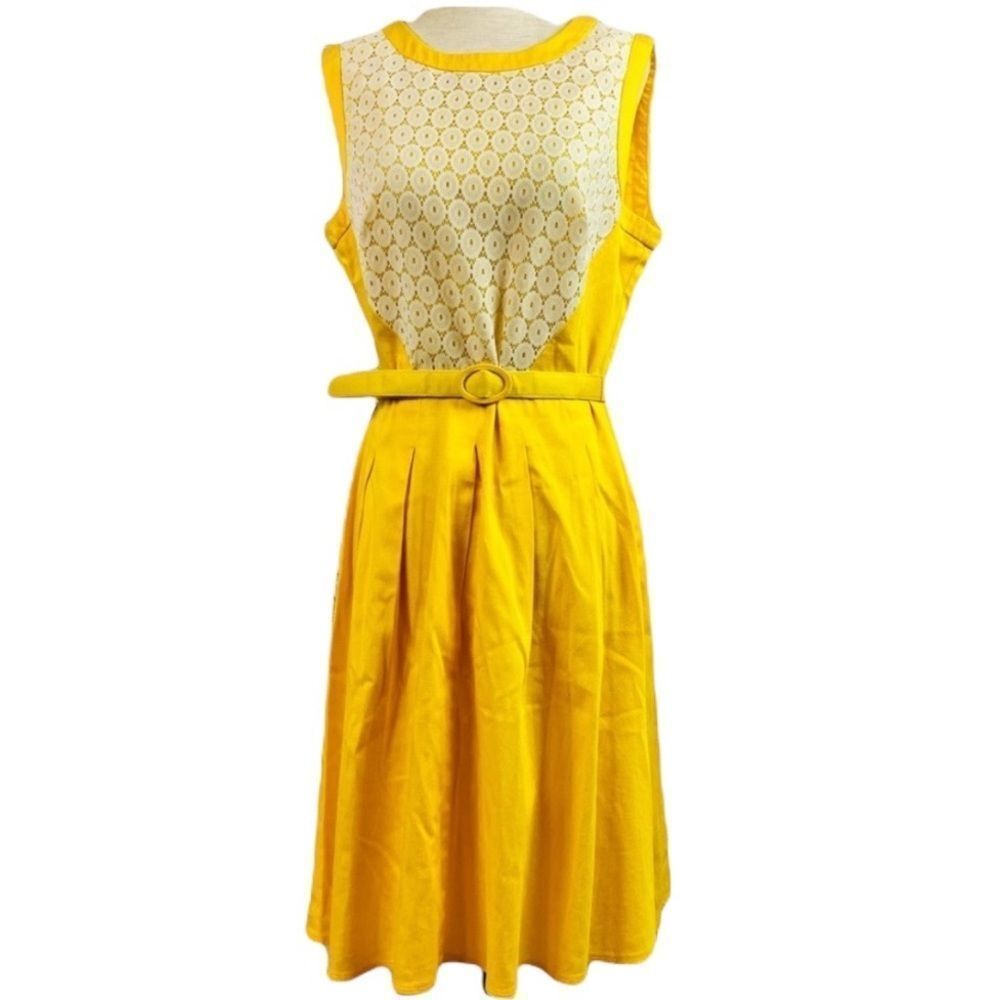 London Style Collection Yellow Belted Classic A-line Dress